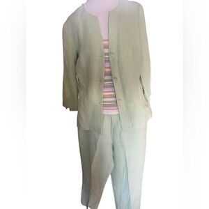 Linen 3 Pc Pant Set 6P Lime Green W Sleeveless Striped Knit Top travel Work Vaca